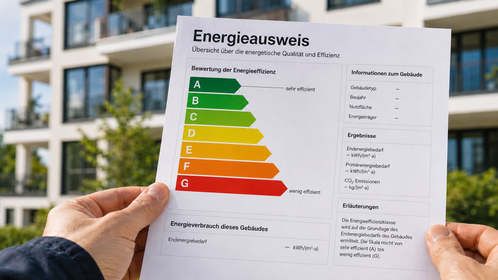 Energieausweis einer Immobilie mit der Effizienzklassen-Skala von A bis G nach der Umstellung 2026