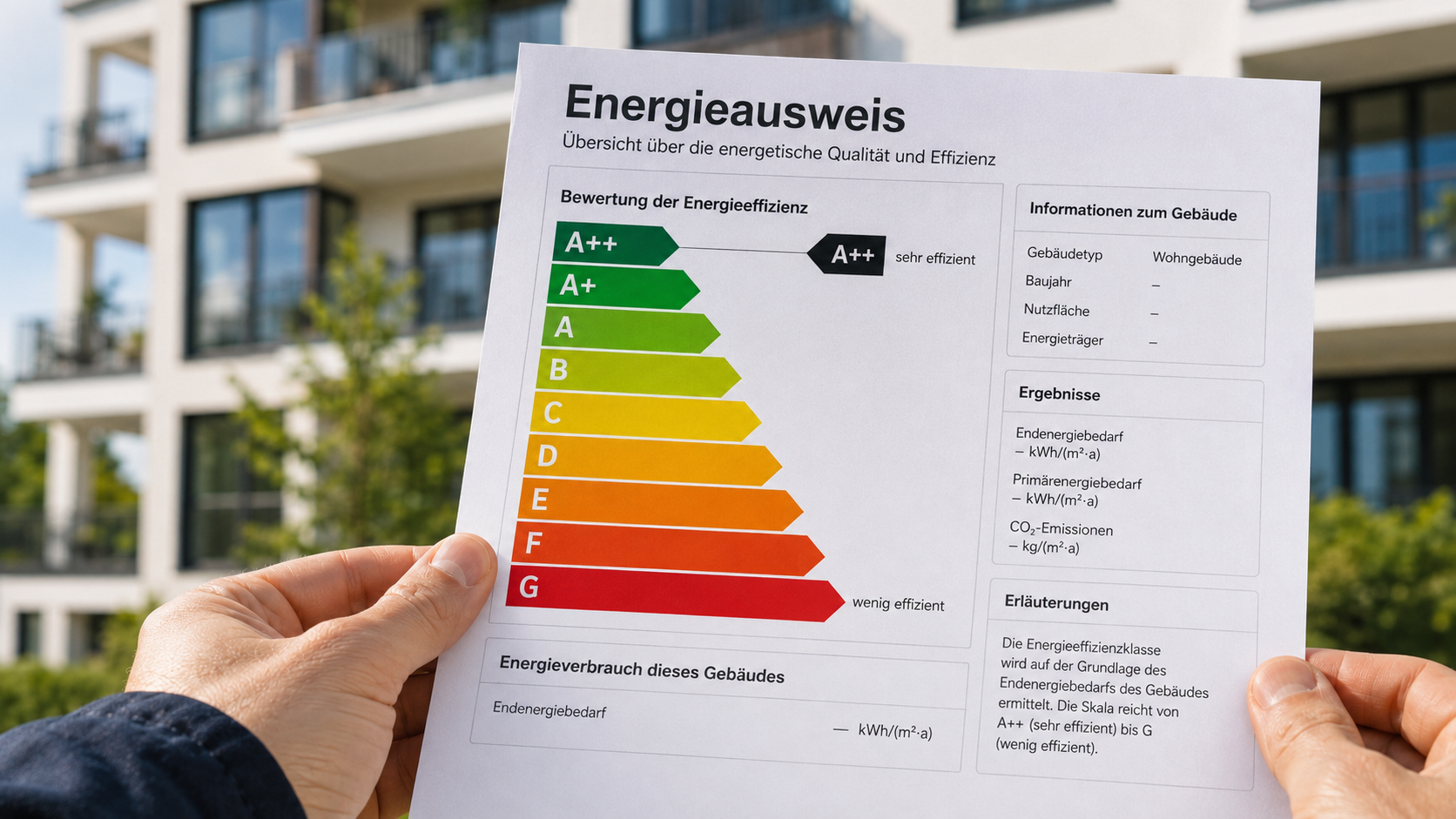Energieausweis mit Effizienzklassen-Skala von A++ bis G für eine Immobilie in Österreich