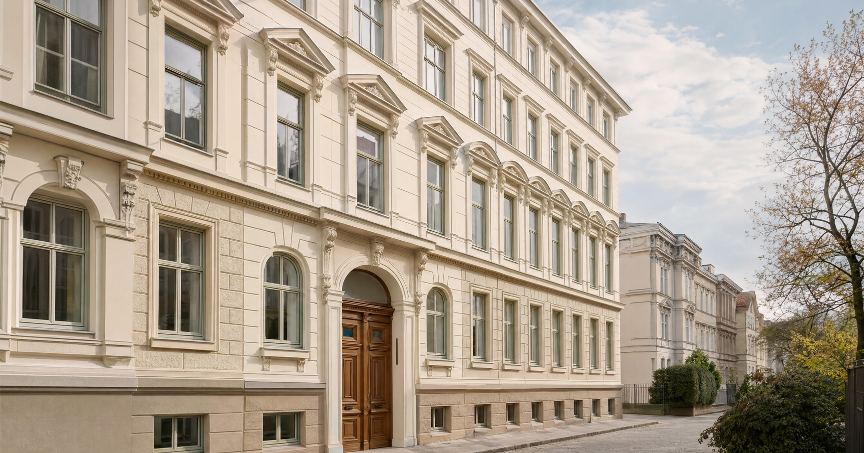 Renovierte Altbaufassade mit hohen Fenstern und Holztor