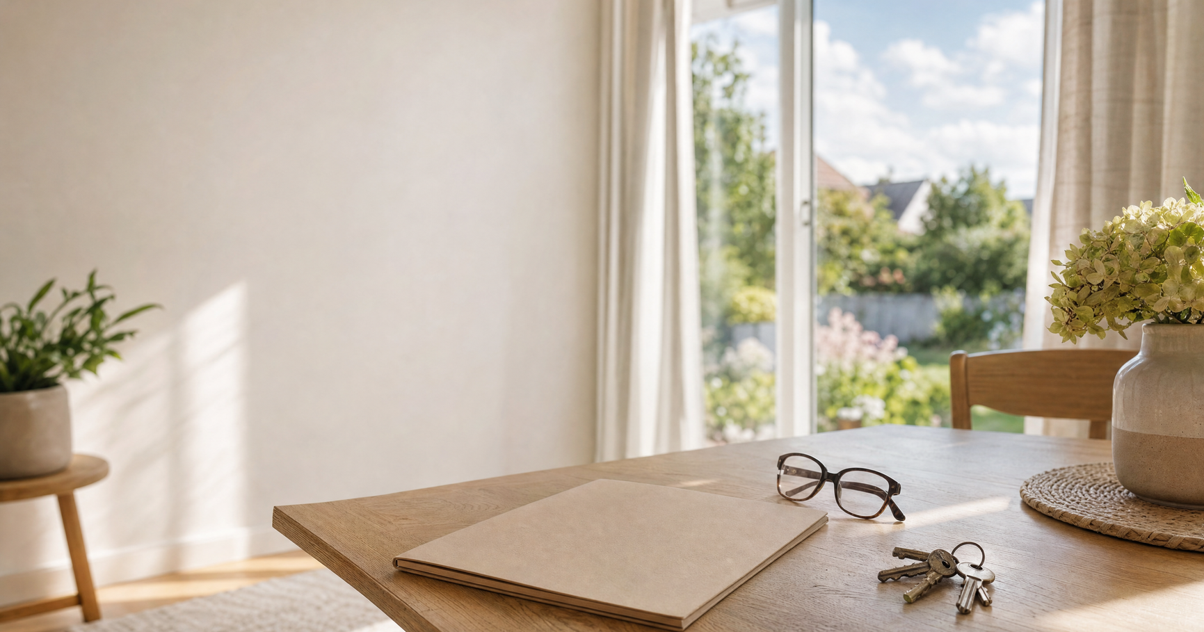 Holztisch am Fenster mit einer geschlossenen Mappe, Lesebrille und Hausschlüsseln
