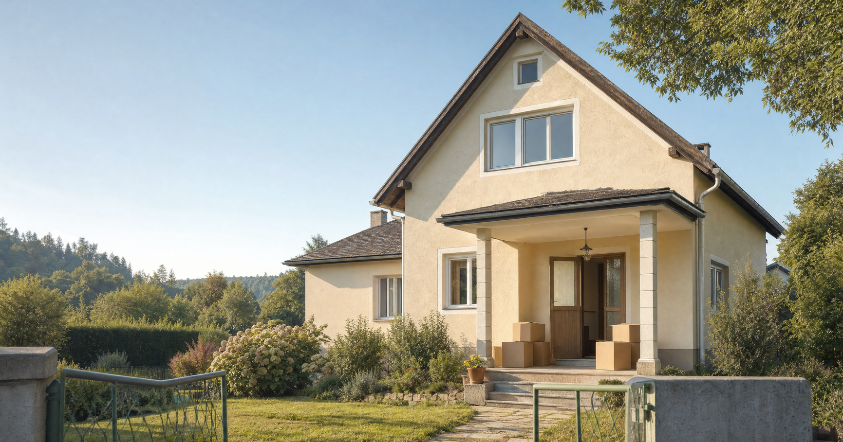 Älteres Einfamilienhaus mit Umzugskartons unter dem Vordach