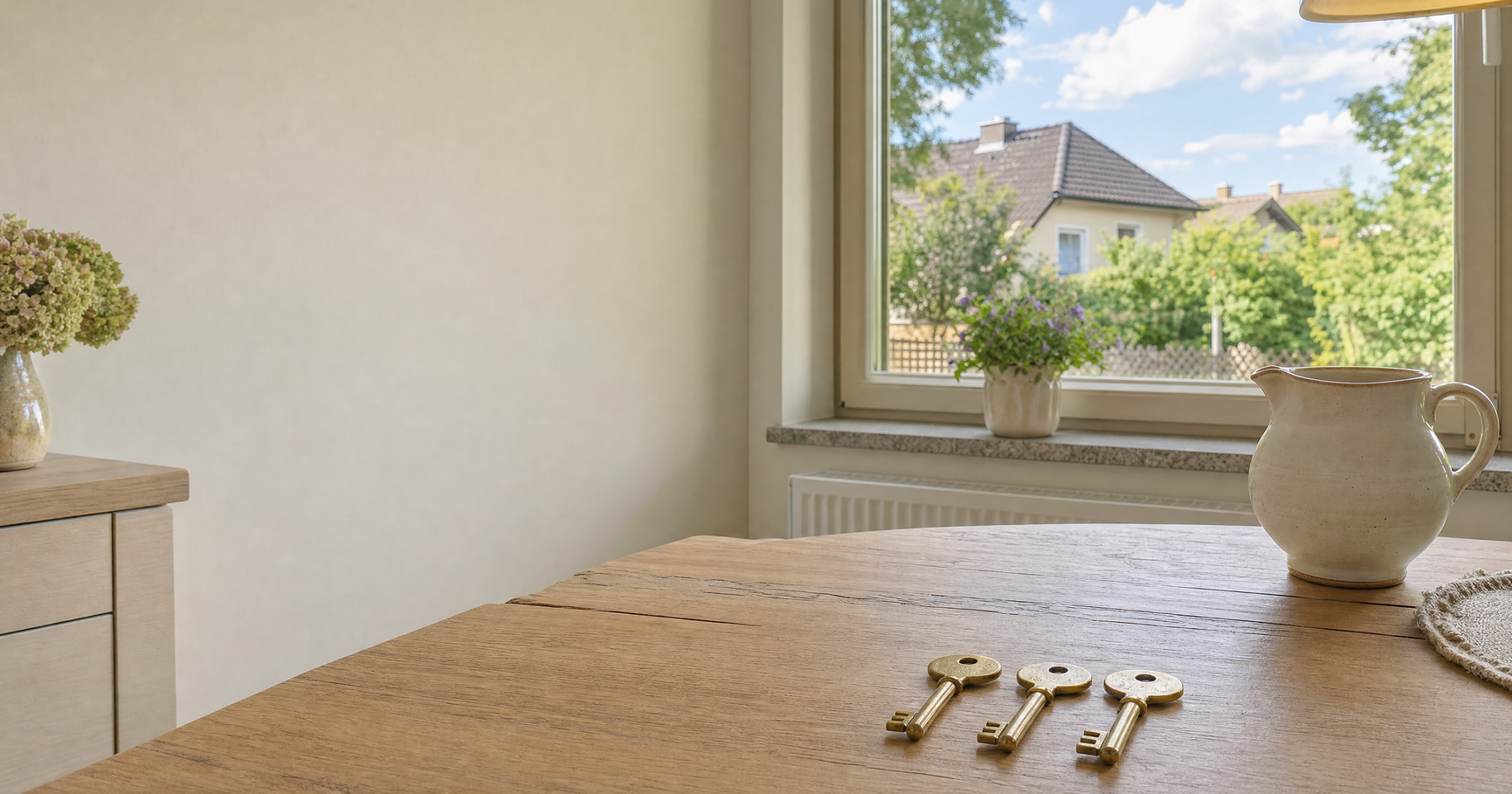 Drei gleiche Hausschlüssel auf dem Küchentisch im Elternhaus