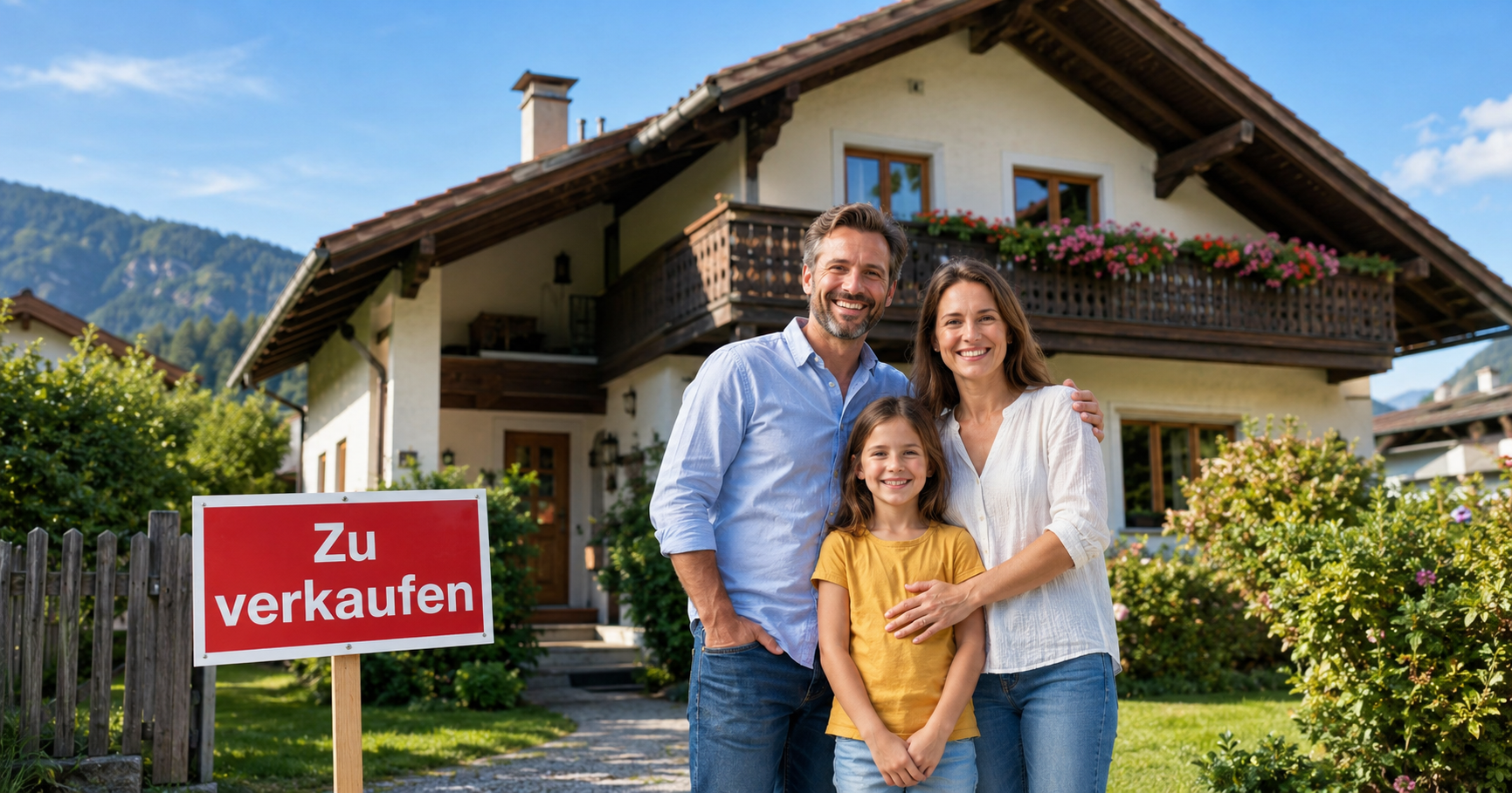 Hauptwohnsitzbefreiung Österreich — Eigenheim mit Garten, Verkaufsschild, steuerfreier Verkauf möglich