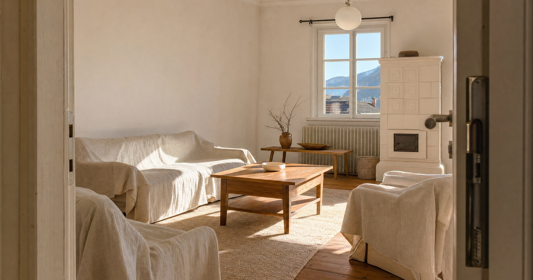 Wohnzimmer eines älteren Hauses mit abgedeckten Möbeln und Kachelofen
