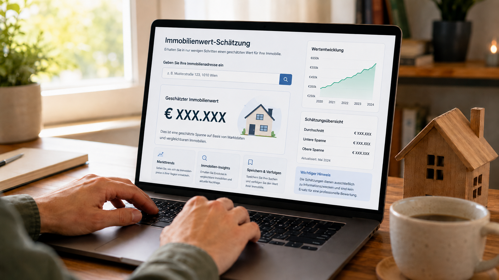 Laptop mit Online-Immobilienbewertungstool zeigt geschätzten Hauswert in Österreich