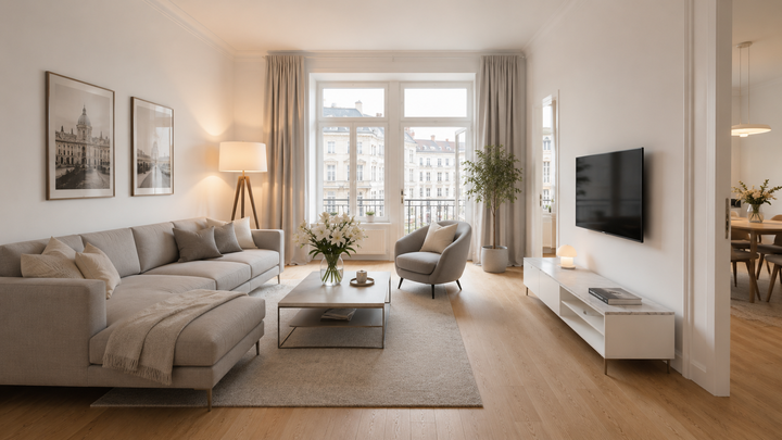 Home Staging Österreich — modern eingerichtetes Wohnzimmer für den Immobilienverkauf optimiert