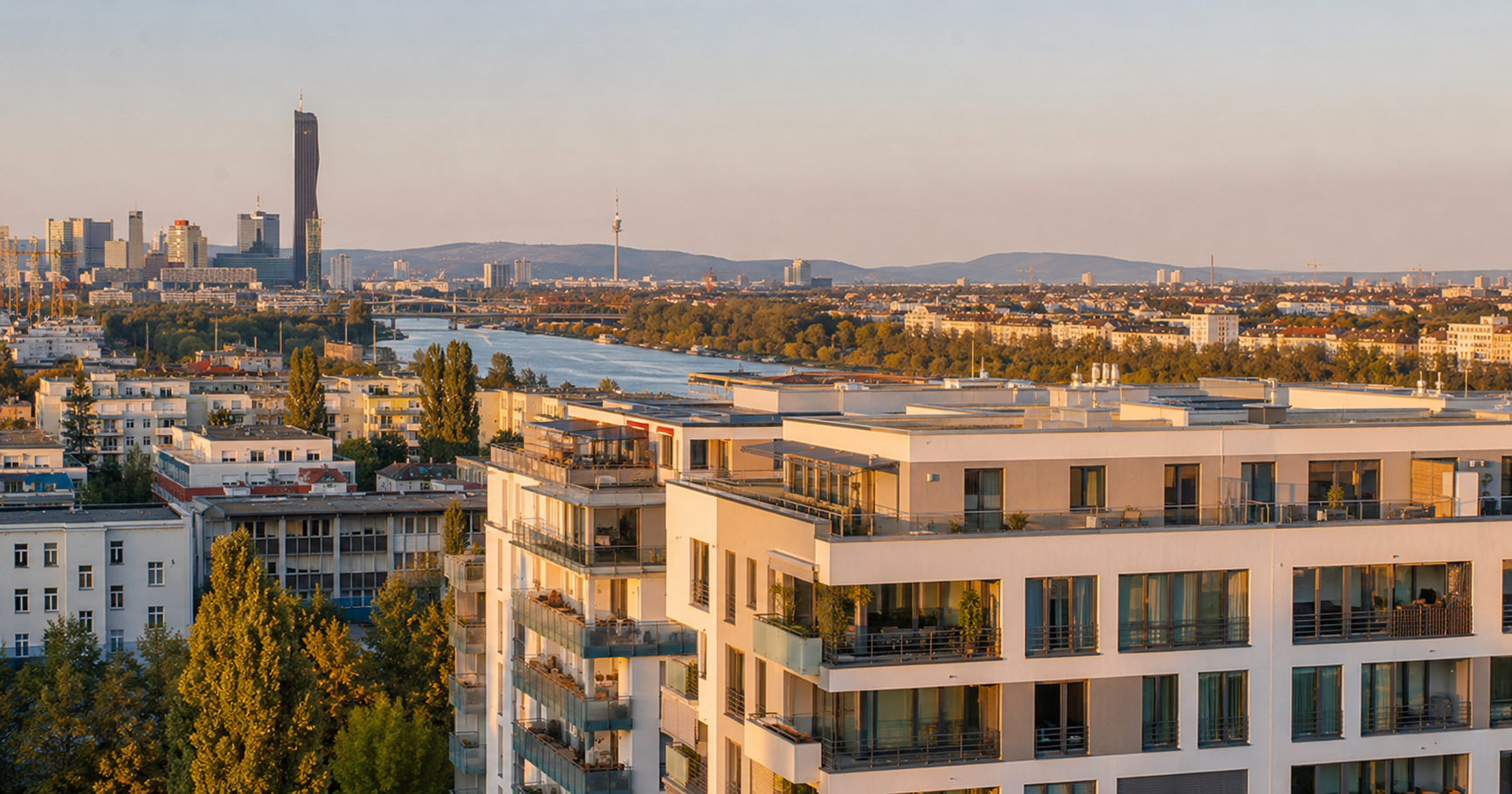 Wien Immobilienmarkt 2026: Wohngebäude in Wien mit Blick auf die Donau