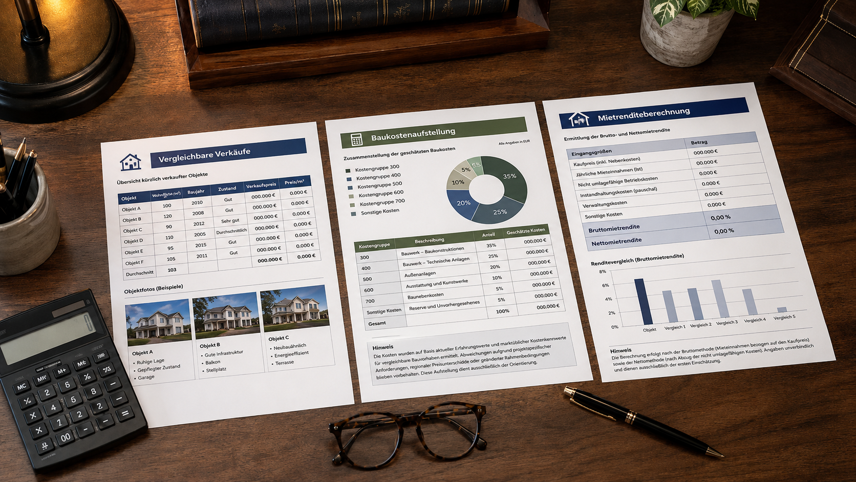 Schema der drei Immobilienbewertungsmethoden Vergleichswert, Sachwert und Ertragswert