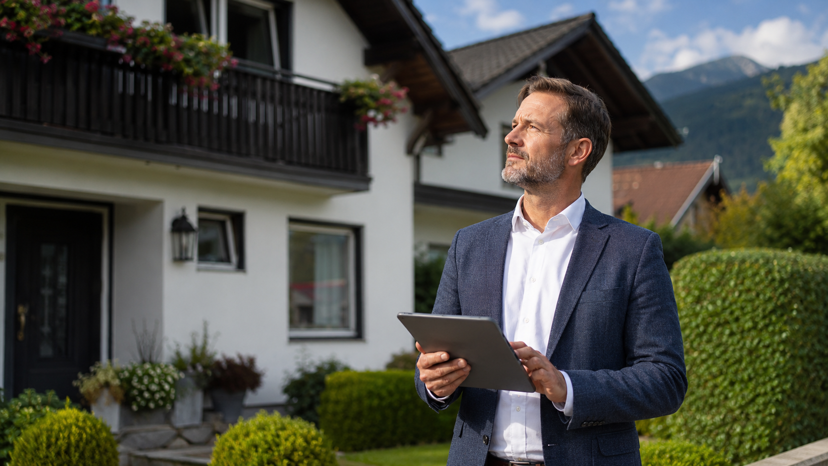 Immobilienbewertung in Österreich: Sachverständiger prüft Einfamilienhaus von außen