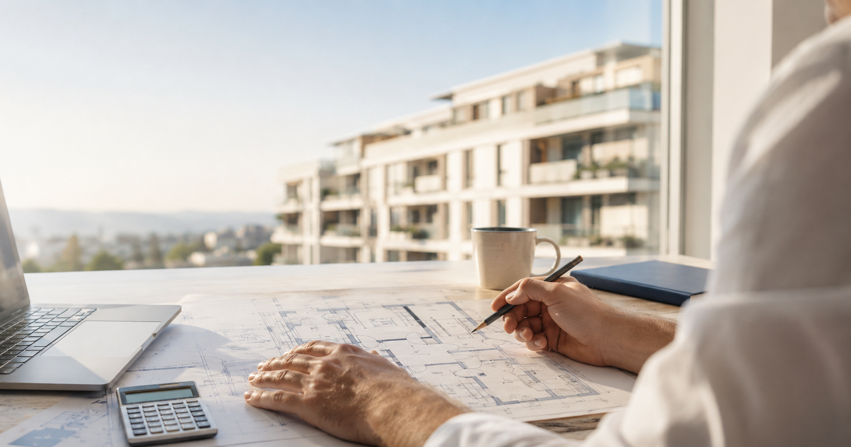 Unterlagen zur Immobilienfinanzierung mit Taschenrechner und Grundriss