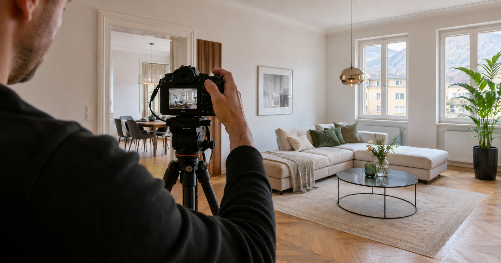 Immobilienfotografie Österreich: Fotograf mit Kamera und Stativ nimmt einen hellen Wohnraum für das Inserat auf