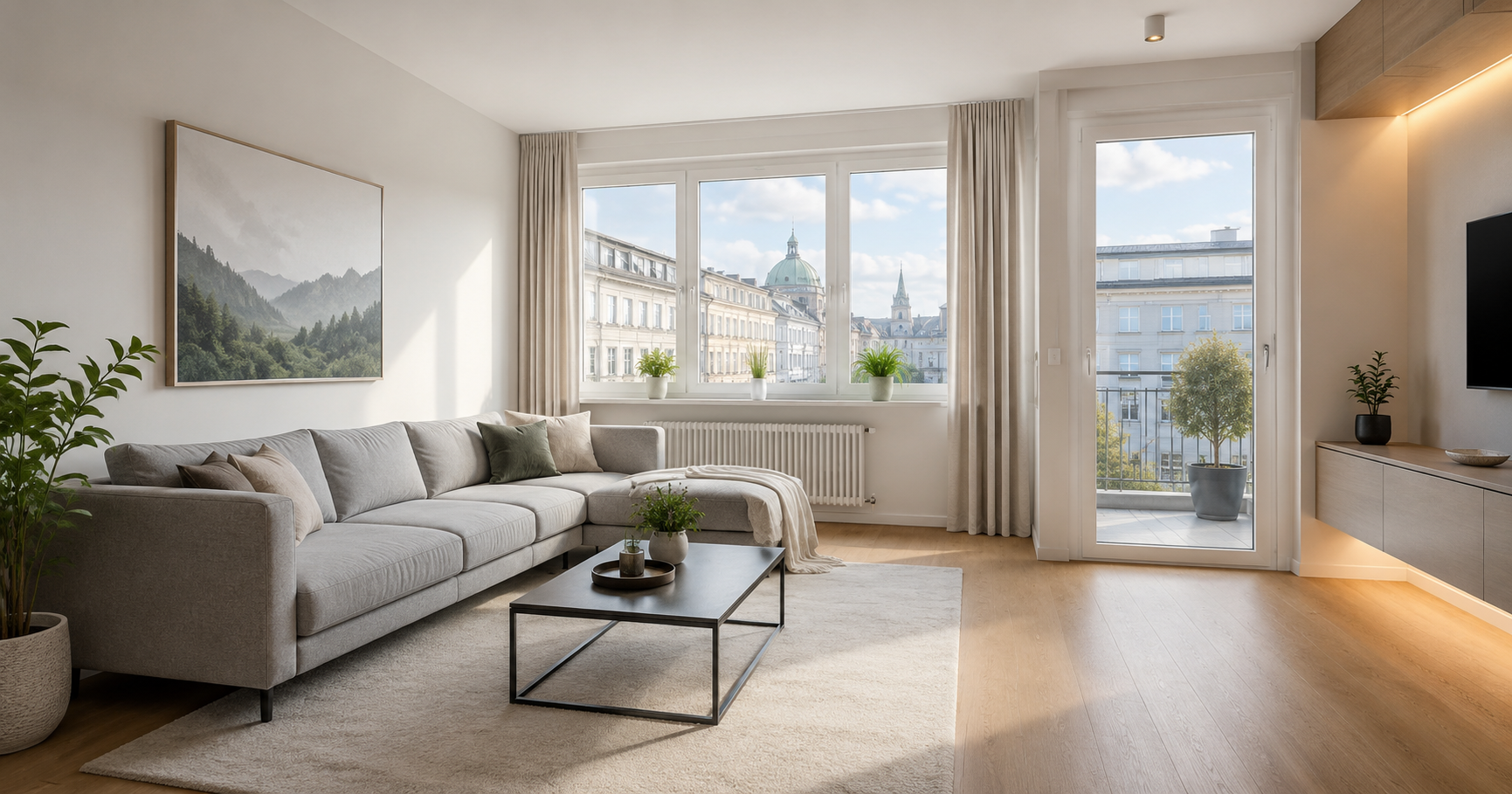 Immobilienfotografie Österreich: lichtdurchflutetes Wohnzimmer professionell für das Immobilieninserat fotografiert