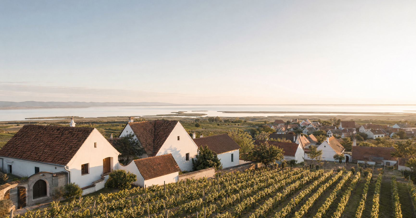 Burgenländische Häuser mit Weingärten und dem Neusiedler See im Hintergrund