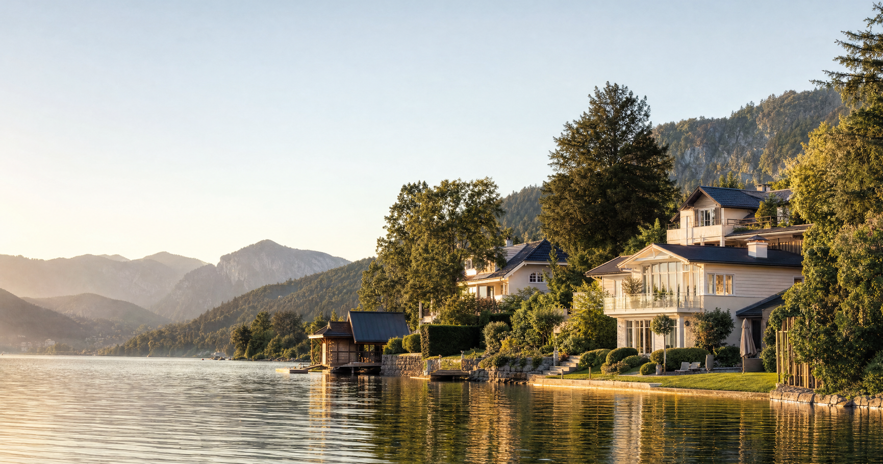 Oberösterreichische Wohnhäuser am Ufer eines Salzkammergut-Sees