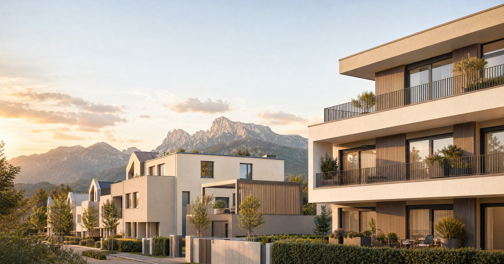 Salzburger Wohnhäuser mit den Bergen des Tennengaus im Hintergrund