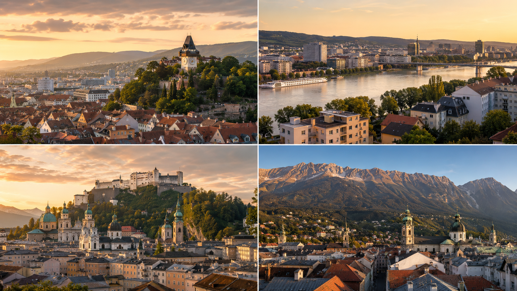 Collage von Stadtansichten Graz, Linz, Salzburg und Innsbruck mit Wohnimmobilien