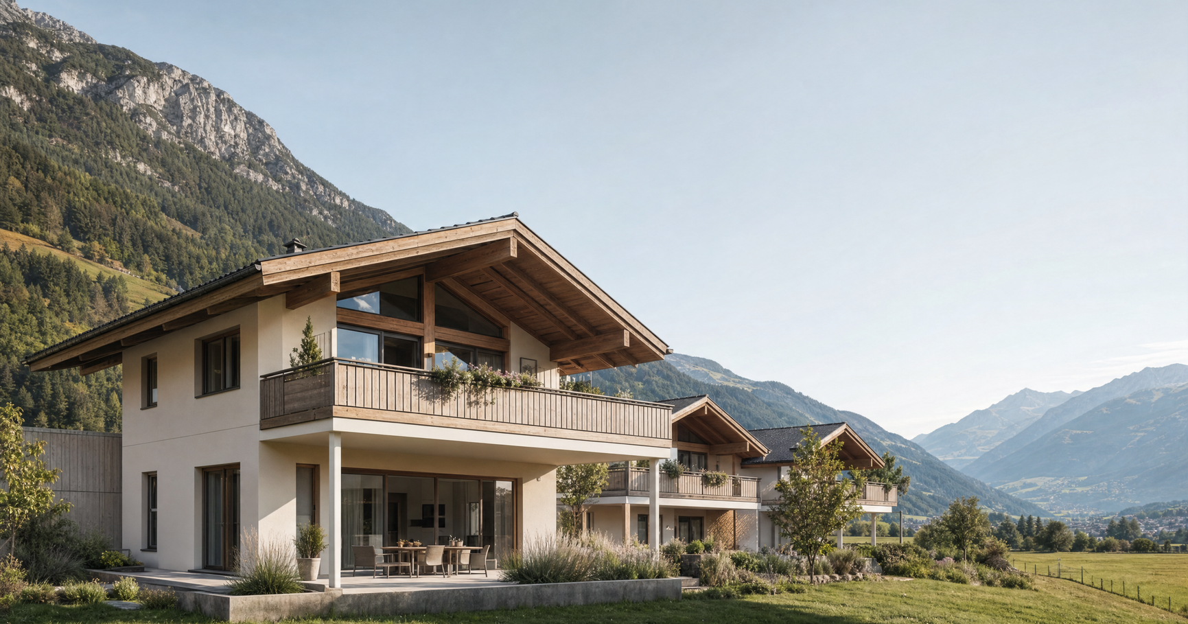 Tiroler Wohnhäuser vor einer Bergkulisse im Inntal