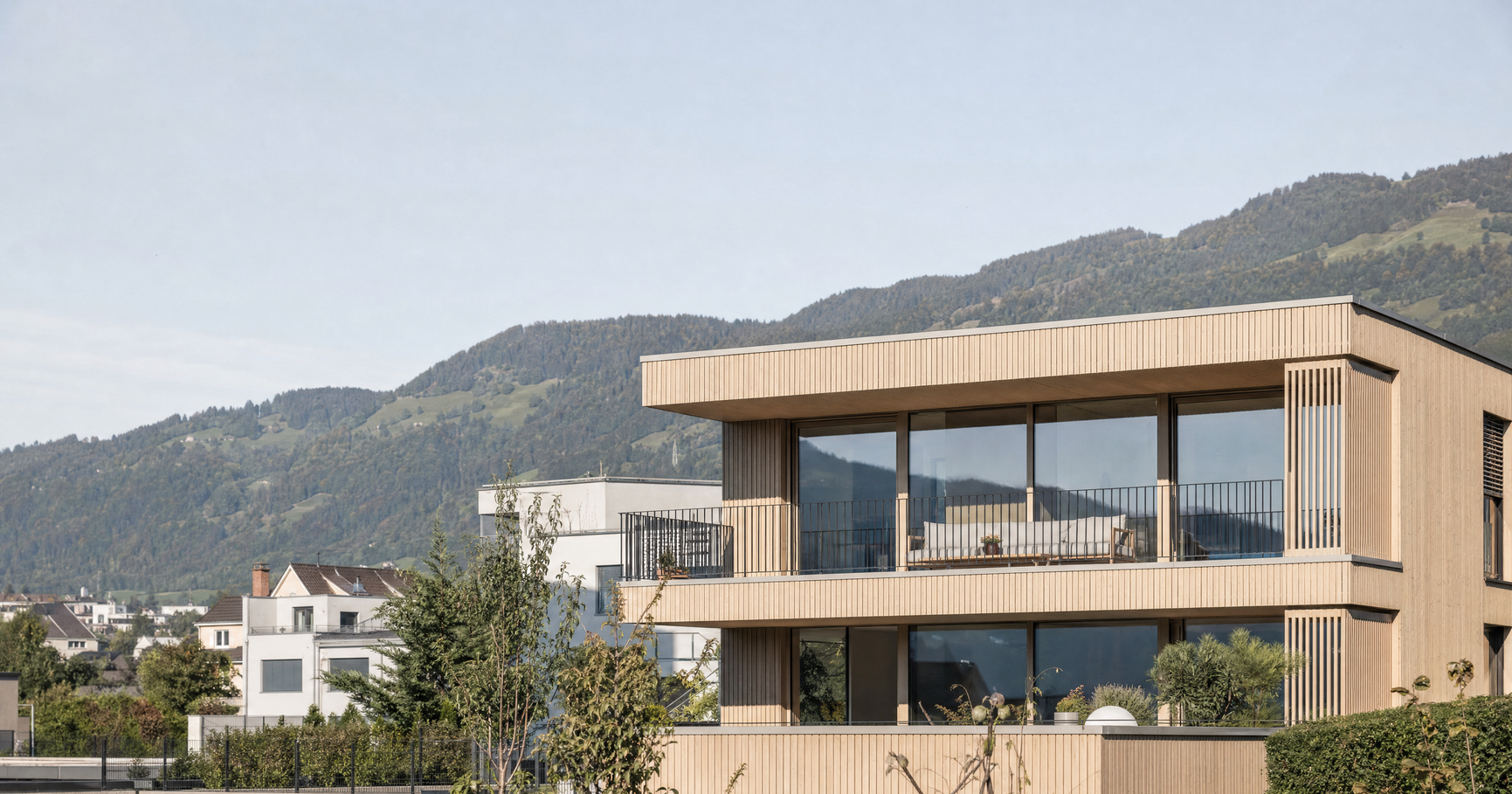 Vorarlberger Wohnhäuser im Rheintal mit den Bergen des Bregenzerwalds