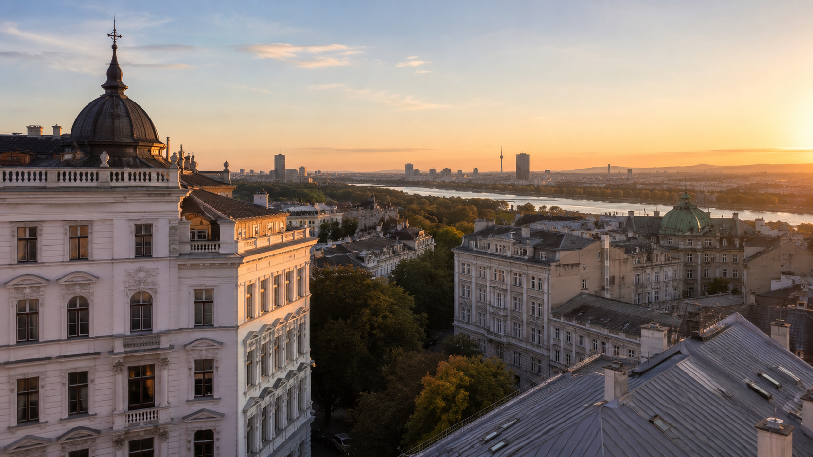 Skyline von Wien mit Wohngebäuden und Donau im Vordergrund