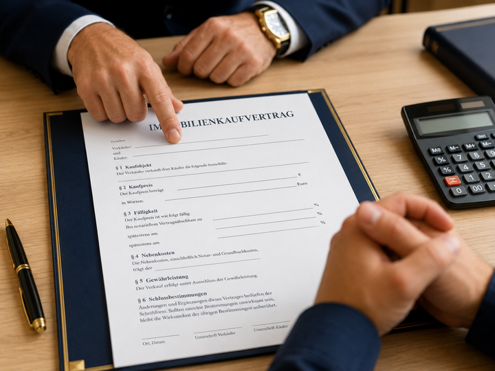 Maklerprovision Österreich Erklärung — Verkäufer und Makler besprechen Provision am Schreibtisch