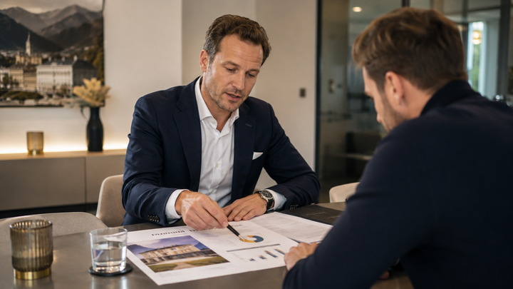 Makler erklärt Provision bei Immobilienkauf in Österreich — Vertragsunterlagen auf dem Tisch