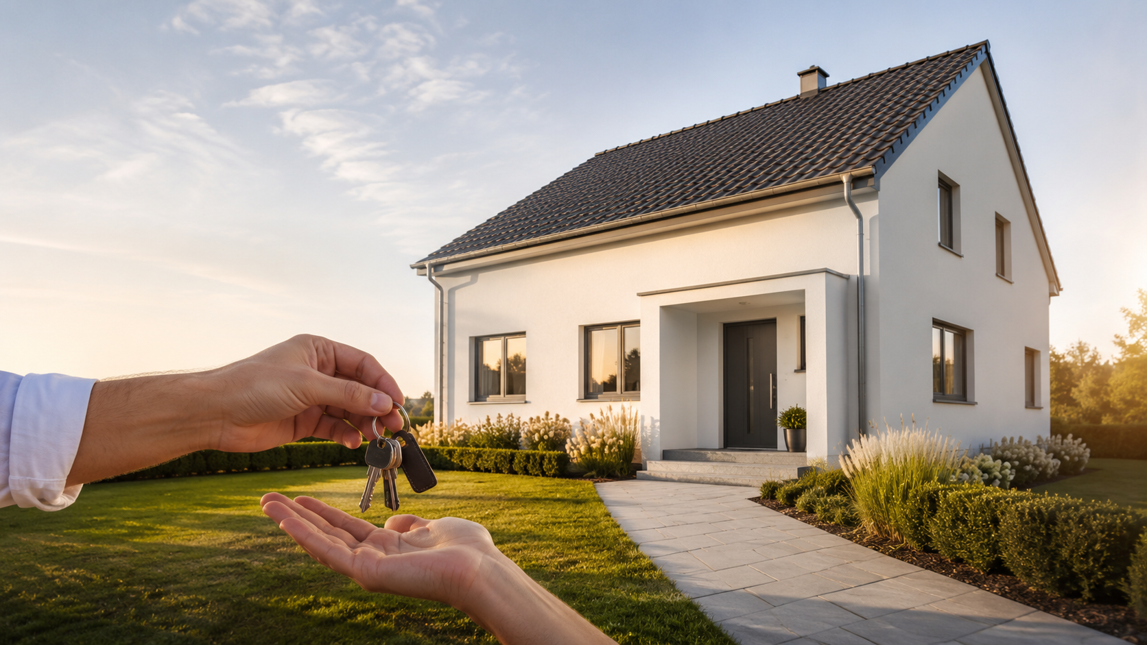 Schlüsselübergabe vor einem modernen Einfamilienhaus in Österreich