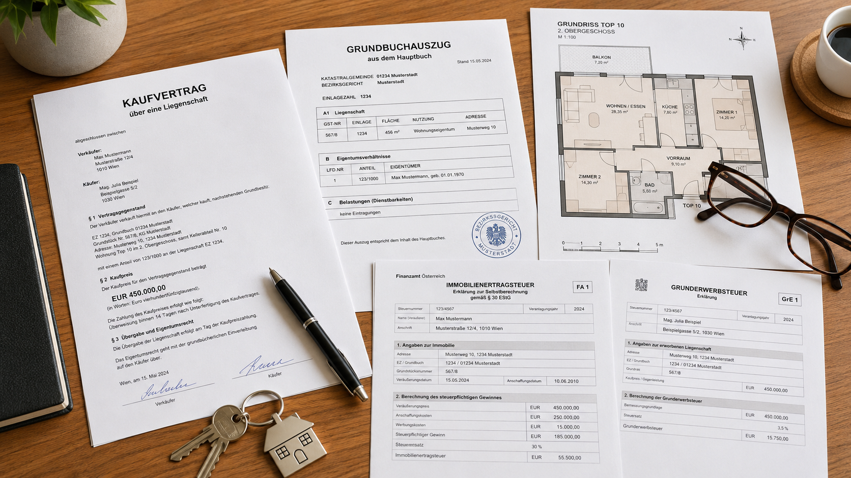 Kaufvertrag Unterlagen beim Immobilienverkauf Österreich: Dokumente auf Schreibtisch