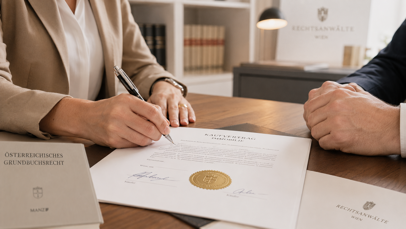 Notar und Käufer unterzeichnen Kaufvertrag beim Immobilienverkauf in Österreich