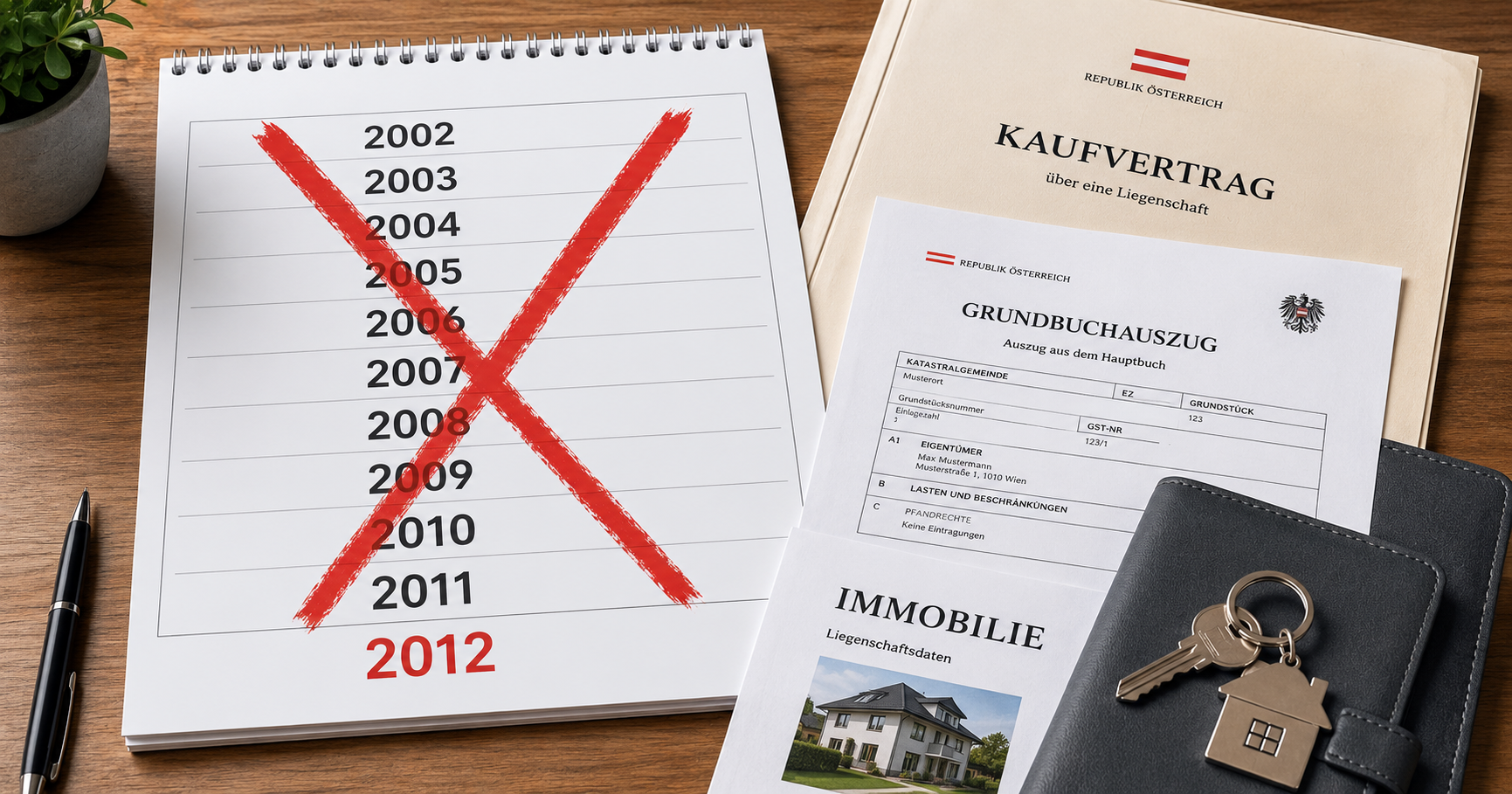 Spekulationssteuer Immobilien Österreich — Kalender mit Fristen und Immobiliendokumente auf dem Schreibtisch