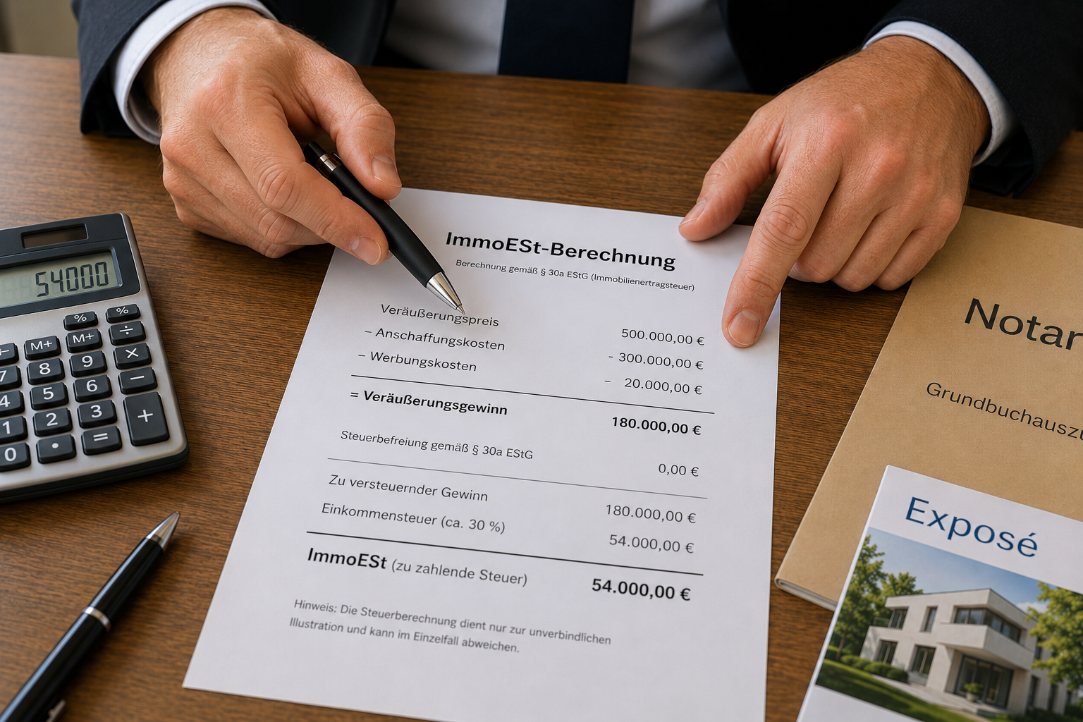 Steuern beim Immobilienverkauf Österreich — Steuerberater und Verkäufer prüfen ImmoESt-Berechnung