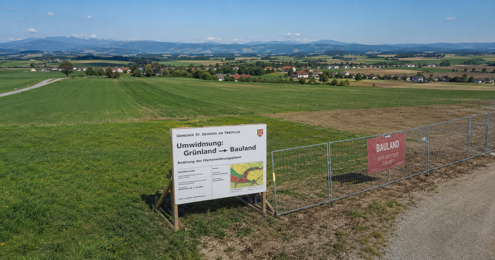 Umwidmungszuschlag Österreich — Grundstück mit Widmungsänderung von Grünland zu Bauland, Baugenehmigung im Vordergrund