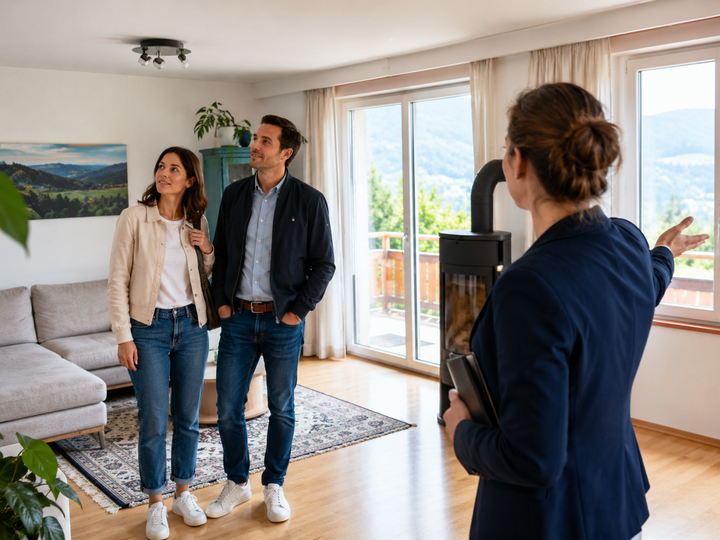 Immobilienverkauf Österreich — Besichtigung eines modernen Wohnhauses durch Kaufinteressenten