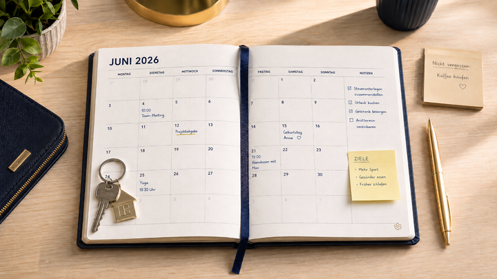 Zeitplan Immobilienverkauf Österreich — Kalender und Schlüssel symbolisieren den Verkaufsprozess