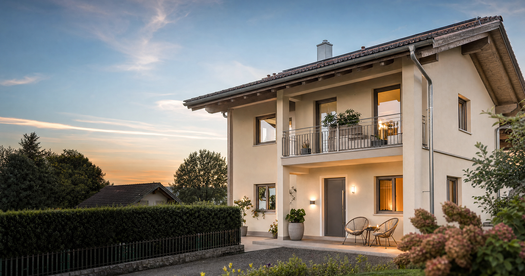 Zweigeschoßiges Wohnhaus mit eigenem Eingang und Terrasse im Erdgeschoß am Abend