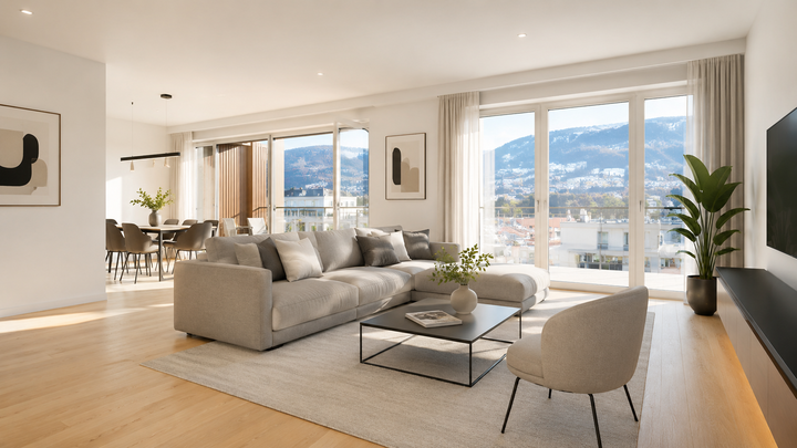 Moderne Eigentumswohnung in Österreich zum Verkauf — heller Wohnraum mit großen Fenstern